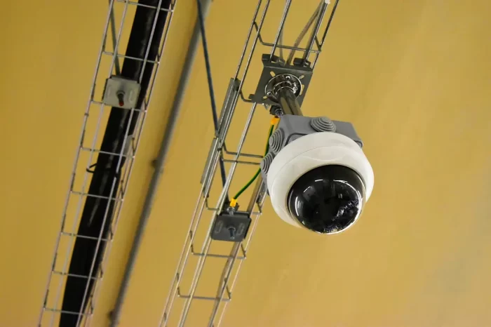 hanging cctv security camera in commercial store